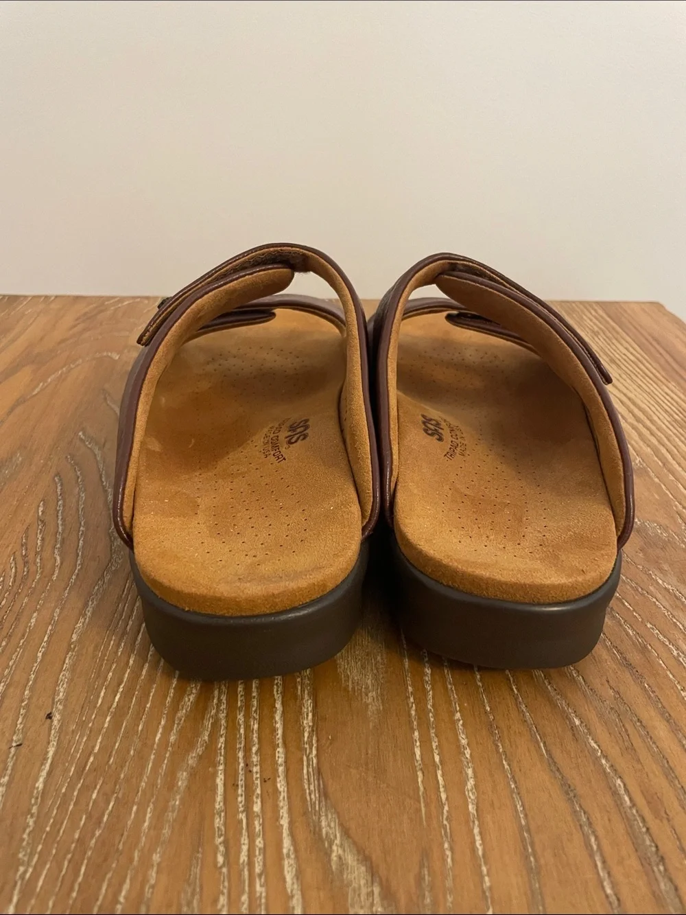 SAS Cozy Leather Slide Adjustable Strap Sandals in Amber Brown 10 Wide